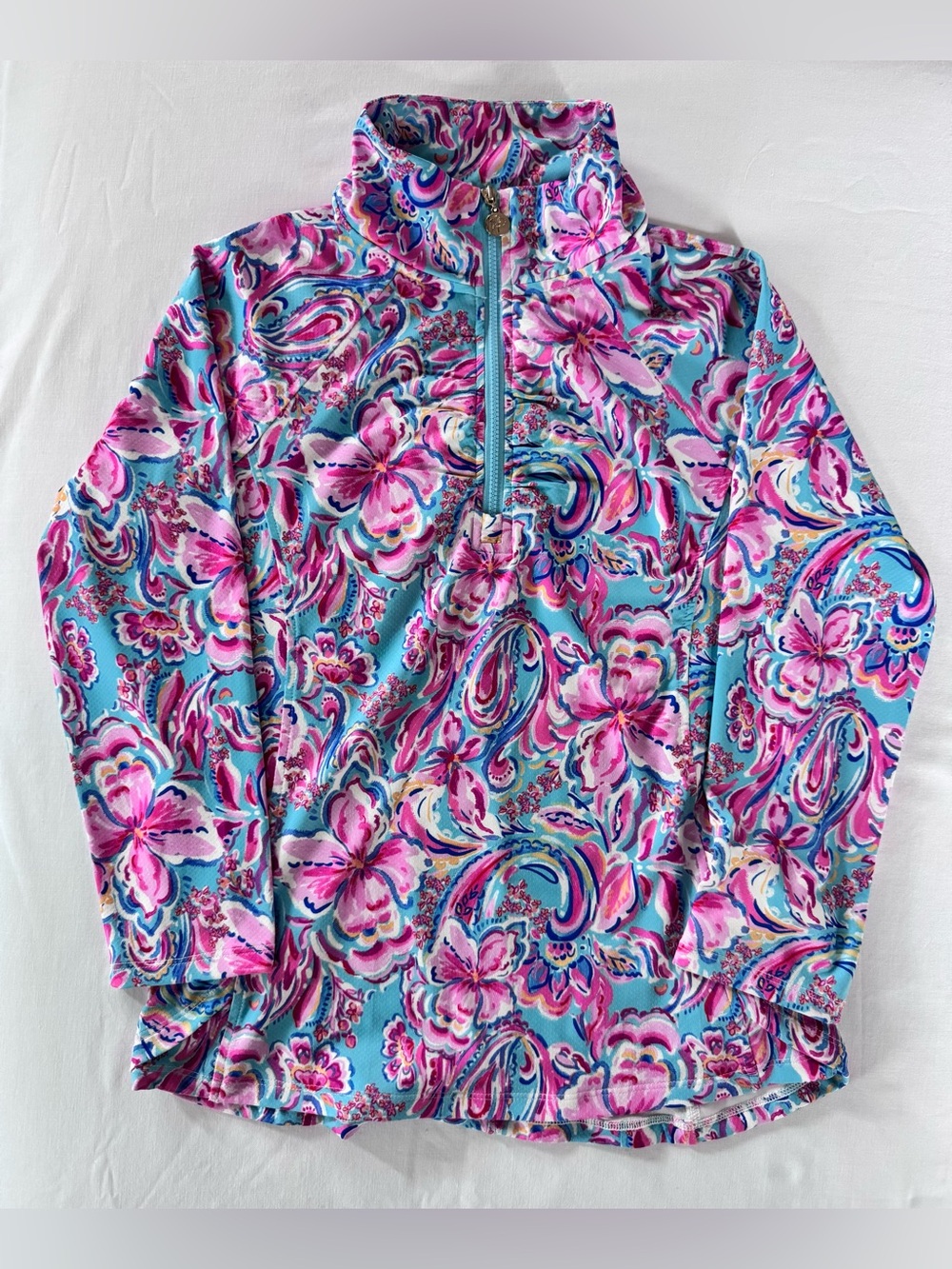 Stella Parker Sport, Floral Half-Zip Pullover, Aqua/Pink Multicolor, Size Small